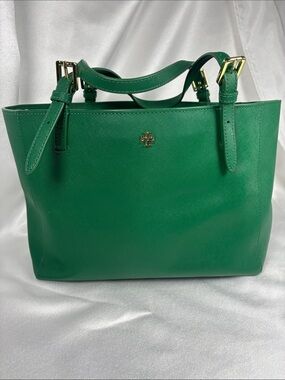 Tory Burch Emerald Green Saffiano Leather Tote with Gold Hardware